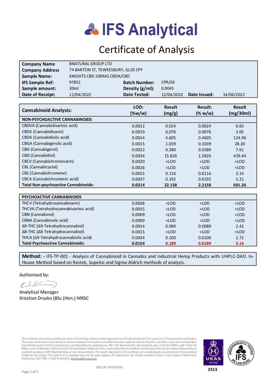 Knights CBD 500mg CBG Isolate E-liquid 10ml (70PG/30VG) - remedykartelcbd1stop