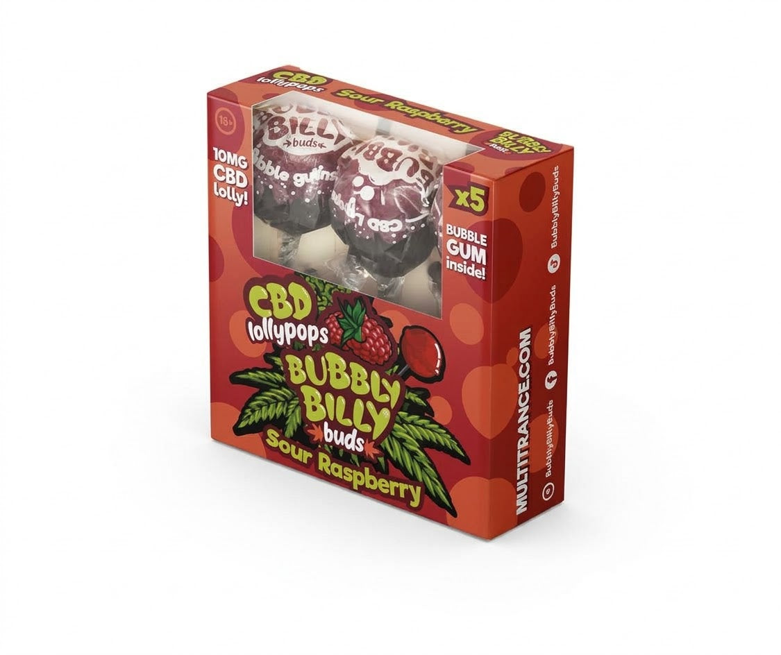 Multitrance Bubbly Billy Buds CBD Lollipops - Sour Raspberry (5 Pack Gift Box)