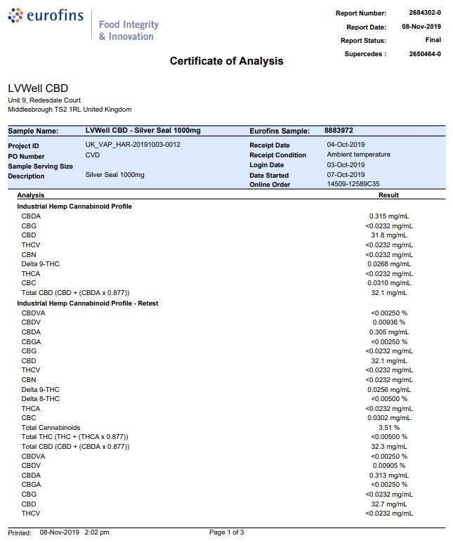 LVWell CBD Silver Seal 1000mg 30ml Hemp Seed Oil - remedykartelcbd1stop