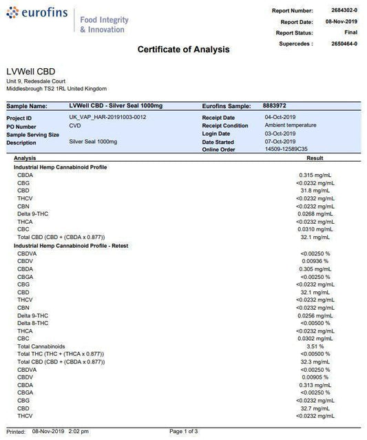 LVWell CBD Silver Seal 1000mg 30ml Hemp Seed Oil - remedykartelcbd1stop